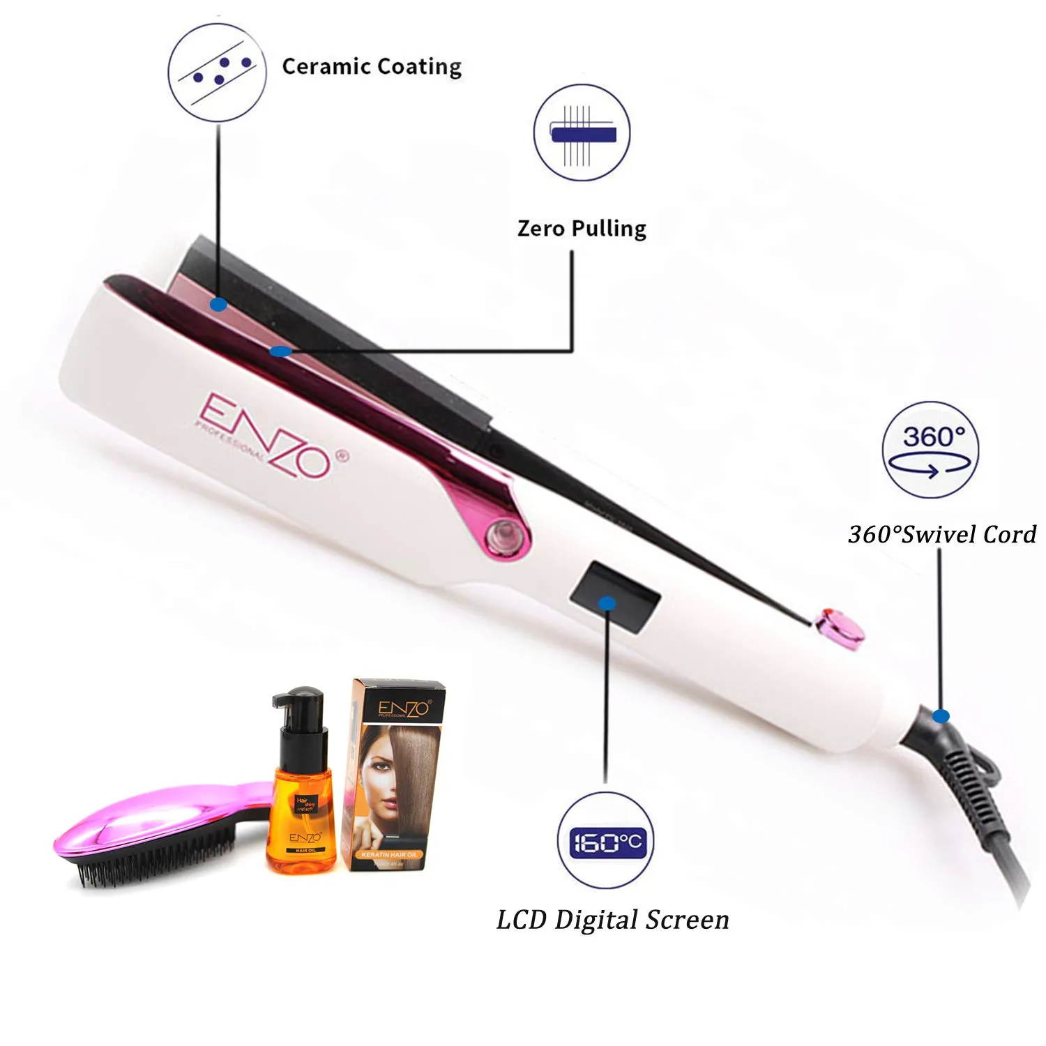 Enzo Professional Magic Hair Straightener with Hair Serum- 3 in 1 Straightener Comb Brush- EN-3840S